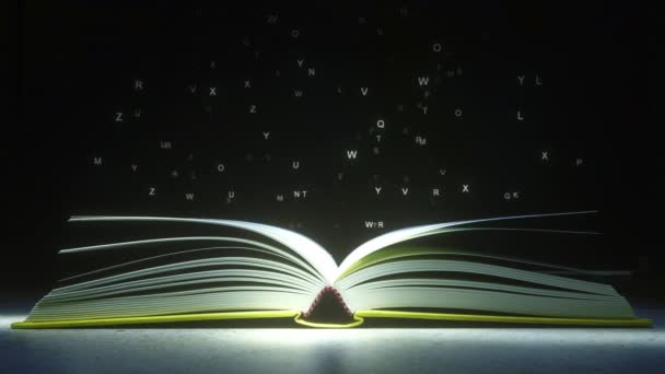 Harfler ekonomi metin oluşturmak için açık bir kitap sayfalara uçmaya. 3D animasyon — Stok video