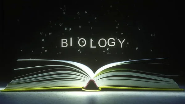 Didascalia di biologia fatta di lettere luminose dal libro aperto. Rendering 3D — Foto Stock