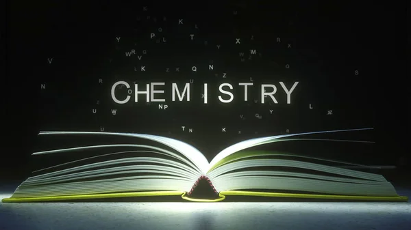 Літери вилітають з відкритих сторінок книги, щоб сформувати текст CHEMISTRY. 3D візуалізація — стокове фото