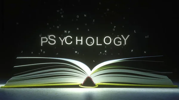 Letters fly off the open book pages to form PSYCHOLOGY text. 3D rendering — Stock Photo, Image