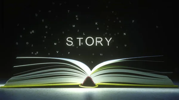 As letras voam para fora das páginas abertas do livro para formar o texto STORY. Renderização 3D — Fotografia de Stock