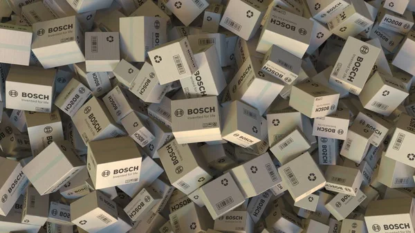 Boxen mit Bosch-Logo. redaktionelles 3D-Rendering — Stockfoto