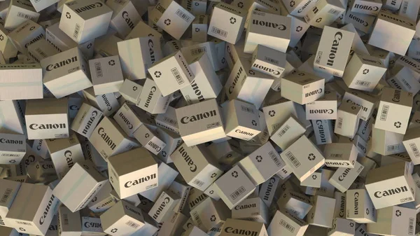 CANON logo on piled cartons. Editorial 3D rendering — Stock Photo, Image