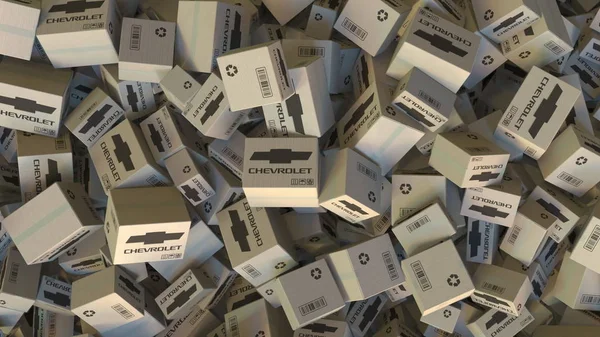 Montón de cajas de cartón con logo CHEVROLET. Representación Editorial 3D — Foto de Stock