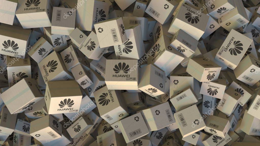 Many cartons with logo. Editorial 3D