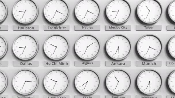 Годинник показує час Алжирі серед різних часових поясах. 3D анімація — стокове відео