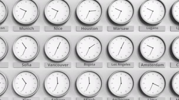 Επικεντρωθεί σε το ρολόι που δείχνει την ώρα της Μπογκοτά, Κολομβία. 3D animation — Αρχείο Βίντεο