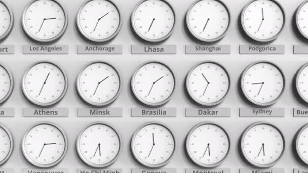 Klok toont Brasilia, Brazilië tijd bij verschillende tijdzones. 3D animatie — Stockvideo