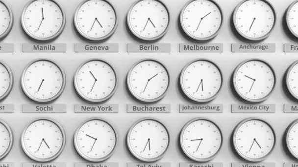 Clock shows Bucharest, Romania time among different timezones. 3D animation — Stock Video