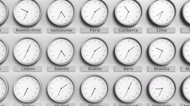 Clock shows Dublin, Ireland time among different timezones. 3D animation — Wideo stockowe