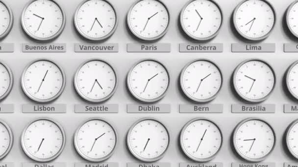 Clock shows Dublin, Ireland time among different timezones. 3D animation — Stok video