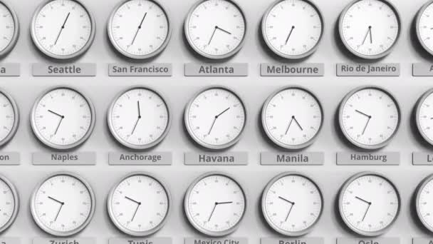 Klok toont Havana, Cuba tijd bij verschillende tijdzones. 3D animatie — Stockvideo