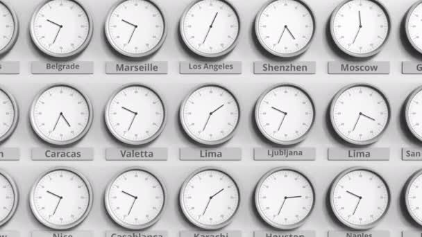 Clock shows Lima, Peru time among different timezones. 3D animation — Stock Video