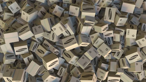 Logo SAMSUNG su scatole ammucchiate. Rendering editoriale 3D — Foto Stock