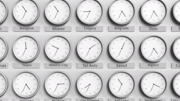 Concentre-se no relógio mostrando Tel Aviv, hora de Israel. Animação 3D — Vídeo de Stock