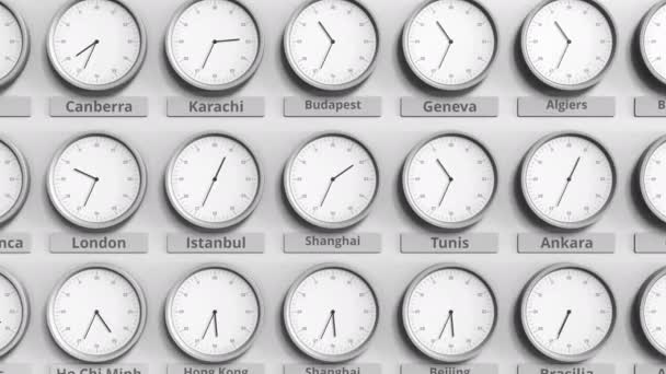Round clock showing Shanghai, China time within world time zones. 3D animation — Stock Video