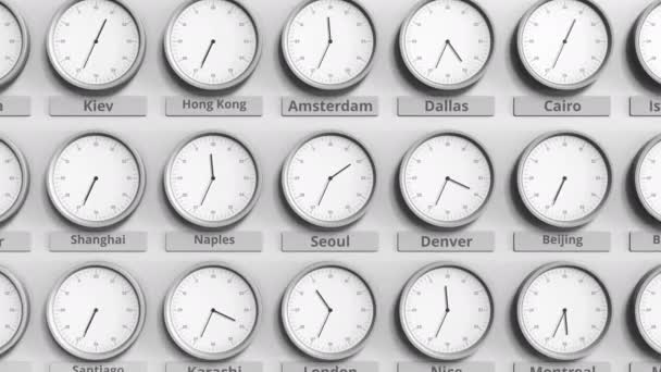 Relógio mostra Seul, Coreia do Sul tempo entre diferentes fusos horários. Animação 3D — Vídeo de Stock