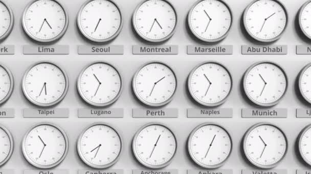 Clock shows Perth, Australia time among different timezones. 3D animation — Stock Video