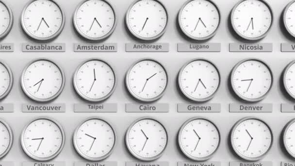 Clock shows Cairo, Egypt time among different timezones. 3D animation — Stock Video