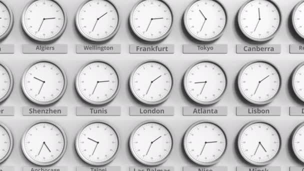 Zegar pokazuje czas Londyn, Wielka Brytania, wśród różnych stref czasowych. animacja 3D — Wideo stockowe