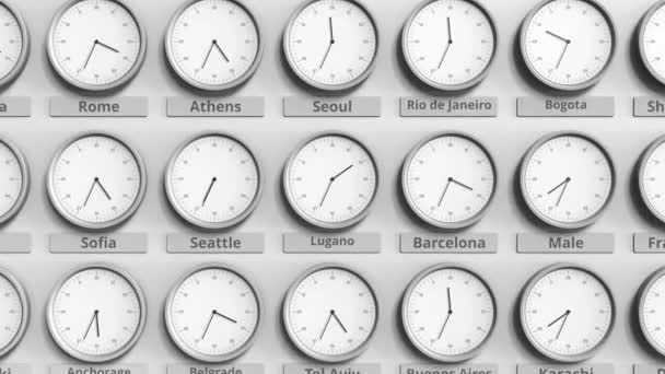 Focus on the clock showing Lugano, Switzerland time. 3D animation — Stock Video