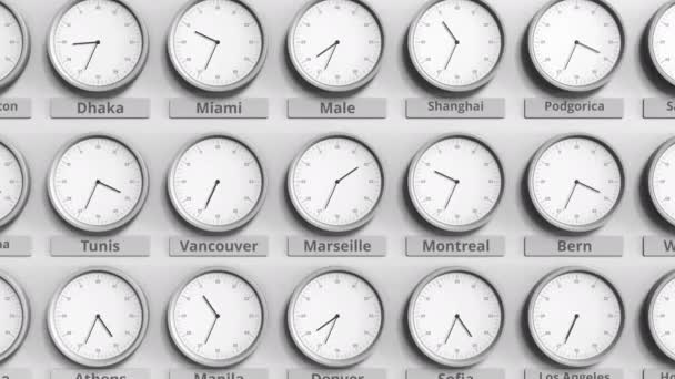 Круглі годинник, показ часу Марсель, Франція в межах часових поясів світу. 3D анімація — стокове відео