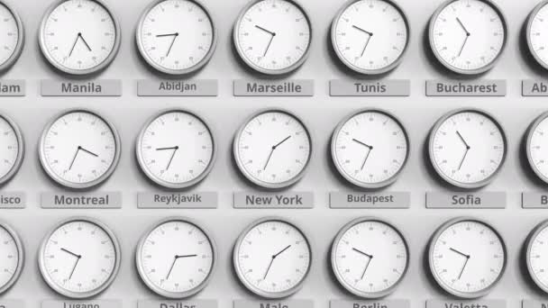 Reloj redondo que muestra Nueva York, EE.UU. hora dentro de las zonas horarias del mundo. Animación 3D — Vídeos de Stock