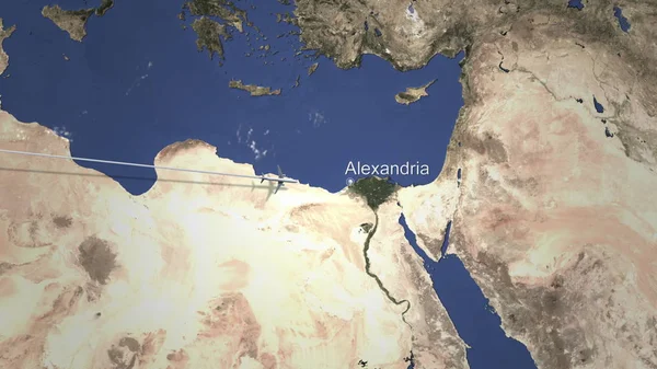 Avión volando a Alejandría, Egipto desde el oeste. Renderizado 3D — Foto de Stock