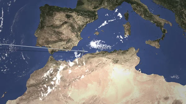 Ruta de un avión comercial que vuela a Argel, Argelia en el mapa. Renderizado 3D — Foto de Stock