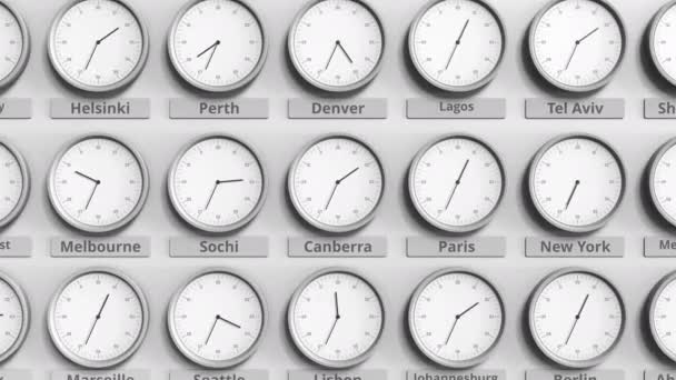 Clock shows Canberra, Australia time among different timezones. 3D animation — Stock Video