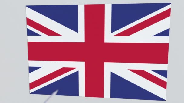 Σημαία της Μεγάλης Βρετανίας πλάκα να χτυπηθεί από βέλος τοξοβολία. Εννοιολογική 3d animation — Αρχείο Βίντεο