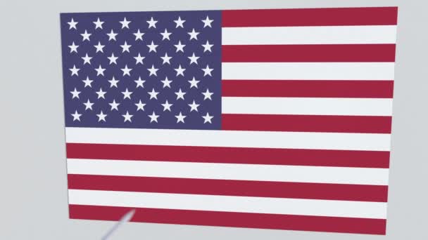 Arco flecha quebra placa com bandeira dos EUA. Animação 3D — Vídeo de Stock