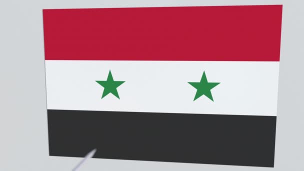 Flecha de tiro con arco golpea la bandera de la placa SYRIA. Seguridad nacional violación relacionada con la animación 3D — Vídeos de Stock