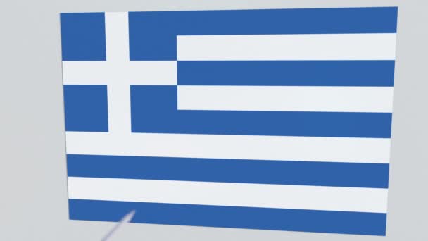 Флаг плиты GREECE был поражен стрелой из лука. Концептуальная 3D анимация — стоковое видео