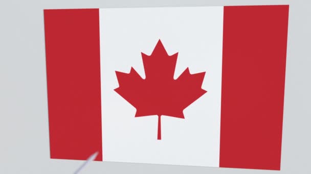 Boogschieten-pijl breekt plaat met vlag van Canada. 3D animatie — Stockvideo