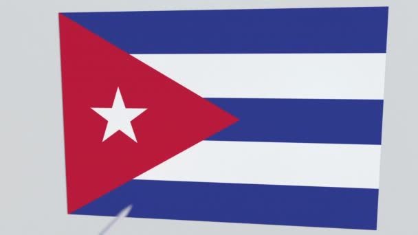 Bandera de placa CUBA golpeada por flecha de tiro con arco. Animación 3D conceptual — Vídeo de stock