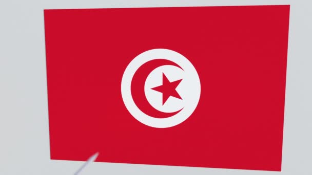 Tiro con l'arco freccia colpisce bandiera della placca TUNISIA. Animazione 3D concettuale — Video Stock