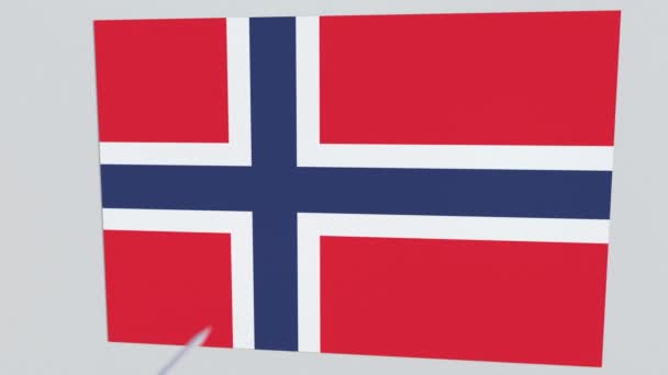 Флаг плиты NORWAY был поражен стрелой из лука. Концептуальная 3D анимация — стоковое видео