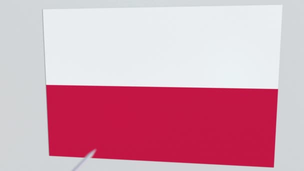 Стрела из лука разбивает тарелку с флагом Польши. 3D анимация — стоковое видео