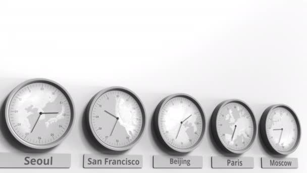 Επικεντρωθεί σε το ρολόι που δείχνει την ώρα του Πεκίνο, Κίνα. Εννοιολογική 3d animation — Αρχείο Βίντεο