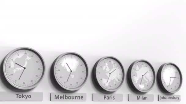 Céntrate en el reloj que muestra la hora de París, Francia. Animación 3D conceptual — Vídeos de Stock