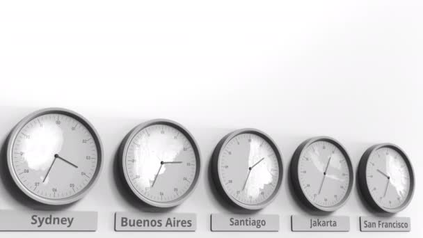 Reloj muestra Santiago, Santiago de chile tiempo entre diferentes zonas horarias. Animación 3D conceptual — Vídeos de Stock