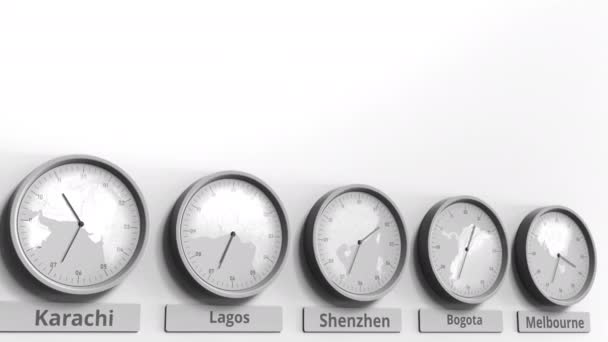 Круглые часы, показывающие Шэньчжэнь, Китай в пределах мировых часовых поясов. Концептуальная 3D анимация — стоковое видео