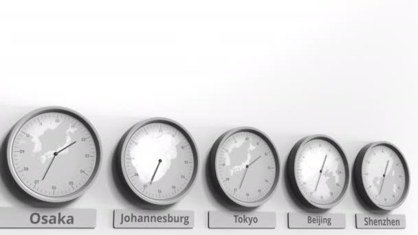 Zegar pokazuje czas Tokio wśród różnych stref czasowych. Koncepcyjne animacji 3d — Wideo stockowe
