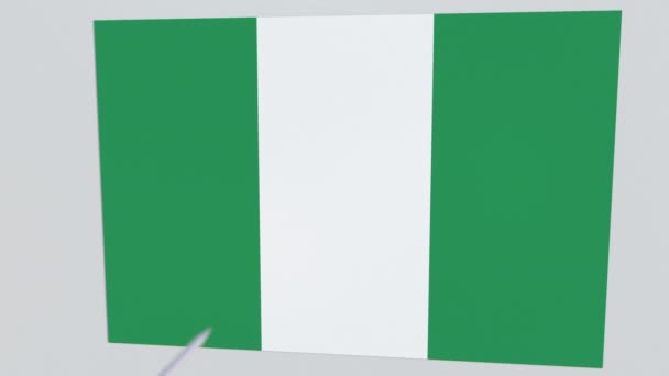 Arco e flecha atinge bandeira da placa NIGERIA. Animação 3D relacionada com violação de segurança nacional — Vídeo de Stock