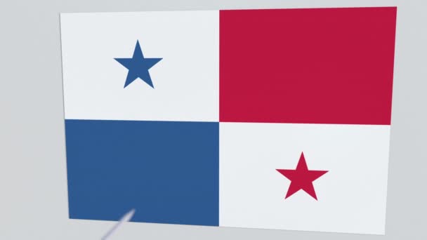 Bandeira da placa PANAMA sendo atingida por flecha de tiro com arco. Animação 3D conceitual — Vídeo de Stock