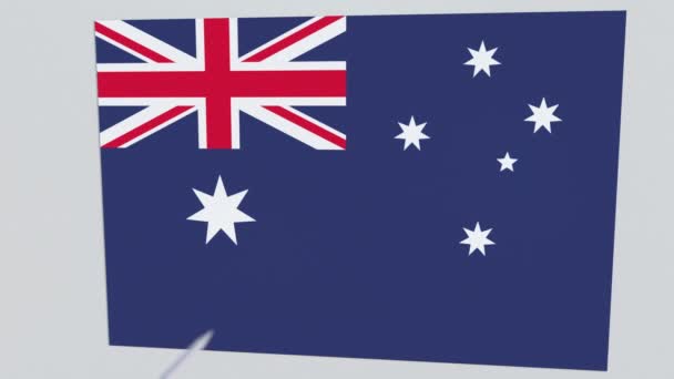 Pfeil zerbricht Platte mit australischer Flagge. 3D-Animation — Stockvideo