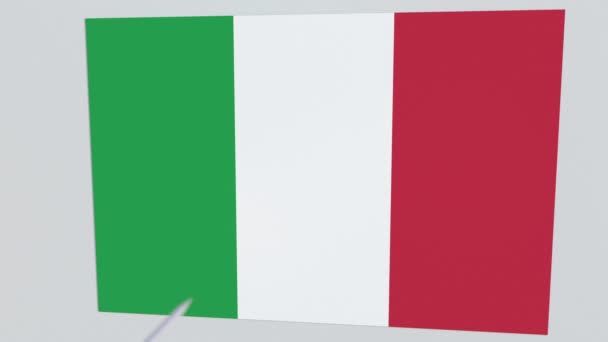 Archery arrow hits flag of ITALY plate. National security breach related 3D animation — Stock Video
