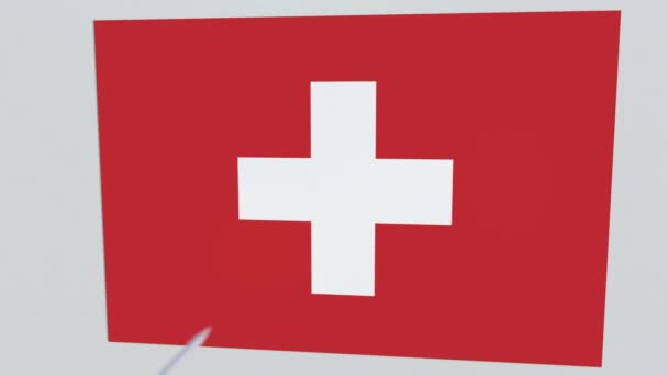 Bandera de SUIZA placa golpeada por la flecha de tiro con arco. Animación 3D conceptual — Vídeos de Stock