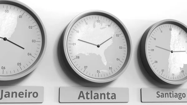 Orologio rotondo che mostra l'ora di Atlanta, Stati Uniti d'America entro i fusi orari mondiali. Rendering 3D concettuale — Foto Stock